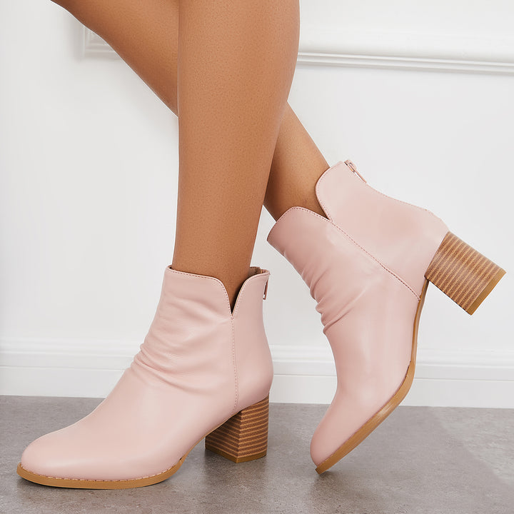 Slouchy Cut Out Ankle Boots Round Toe Chunky Block Heel Booties