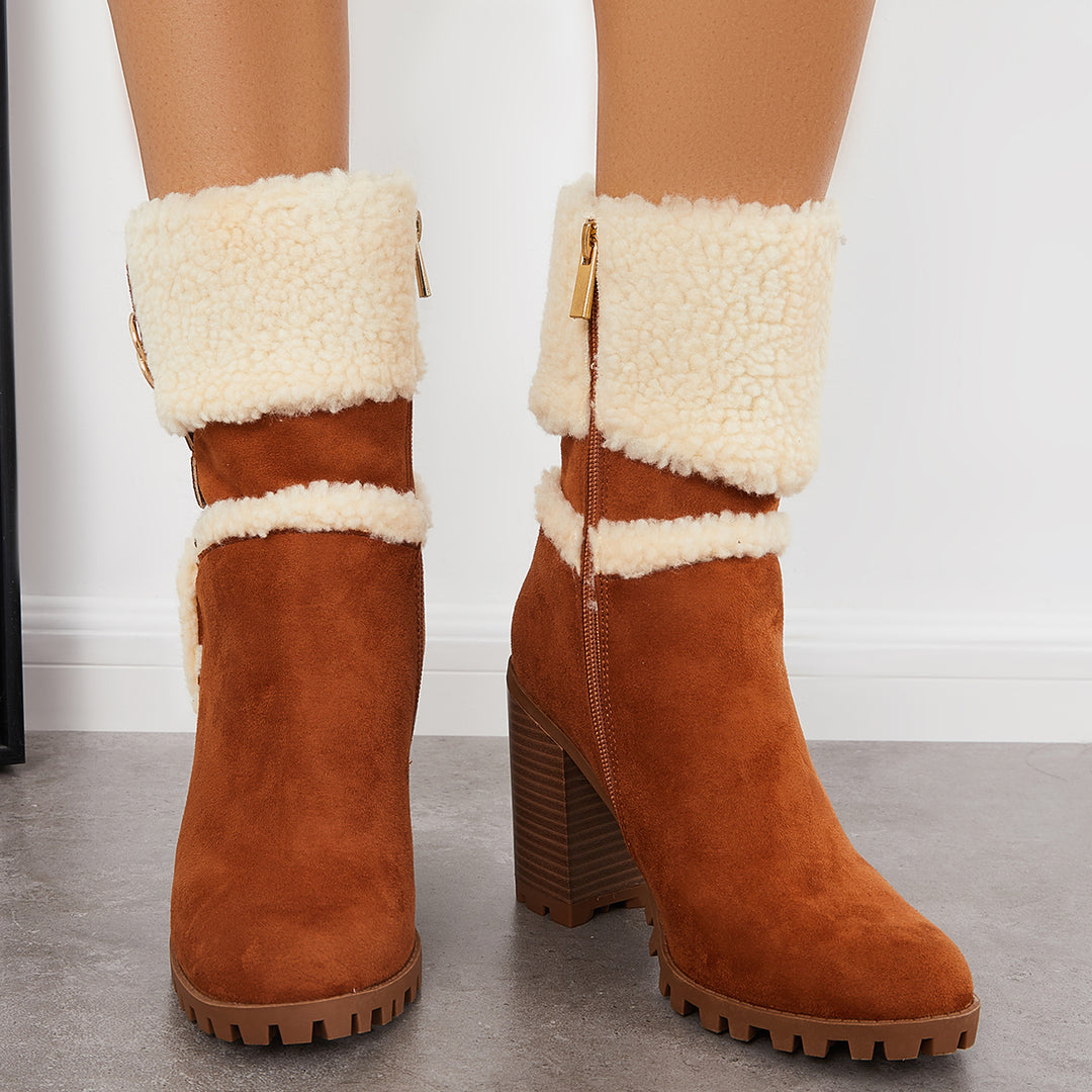 Fur Lined Ankle Snow Boots Side Zipper Chunky Heel Booties