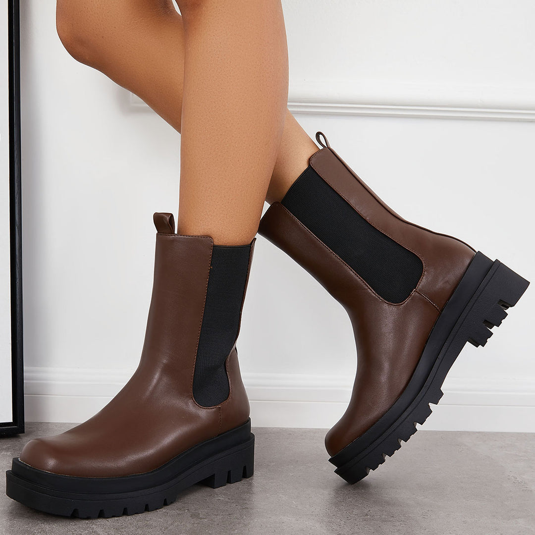 Women Chunky Platform Chelsea Boots Lug Sole Mid Calf Booties