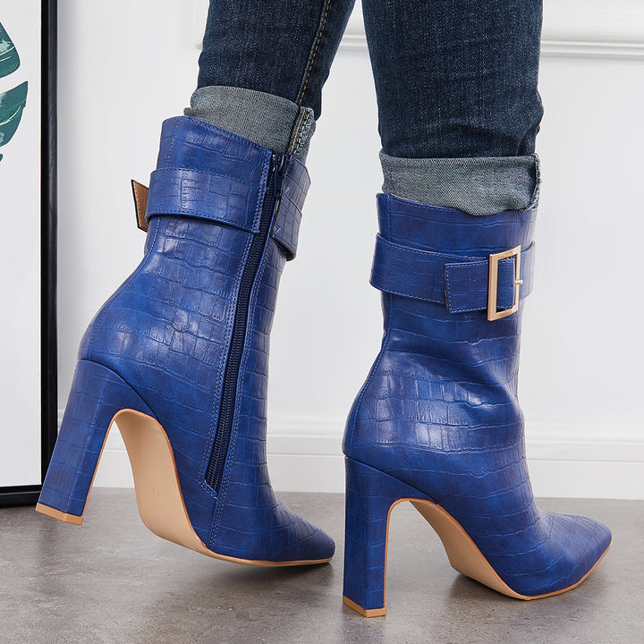 Buckle Chunky High Heel Booties Pointed Toe Ankle Boots