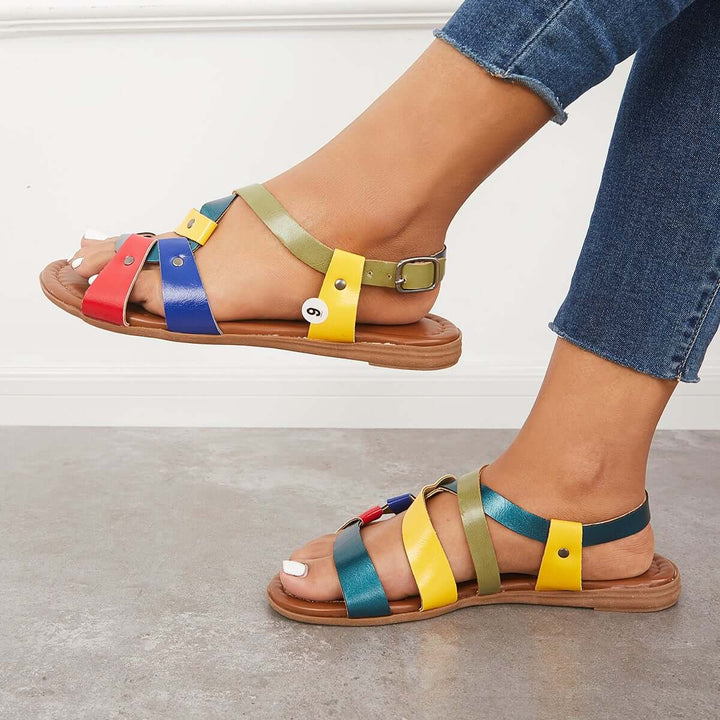 Colored Open Toe Anke Strap Flat Sandals