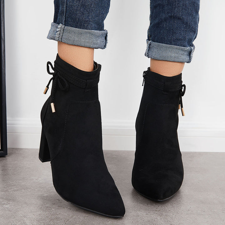 Bow Decor Chunky Heeled Booties Side Zipper Ankle Boots