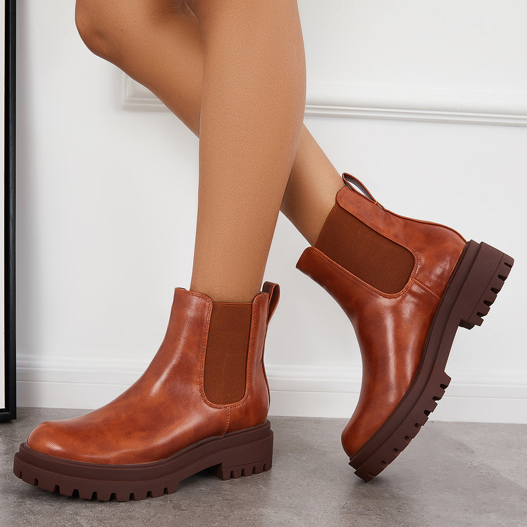 Round Toe Platform Chunky Sole Chelsea Boots Slip on Booties
