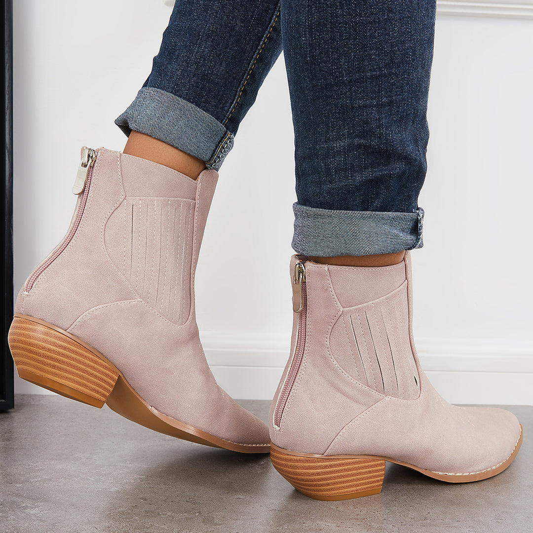 Western Cowboy Booties Chunky Stacked Heel Zipper Ankle Boots