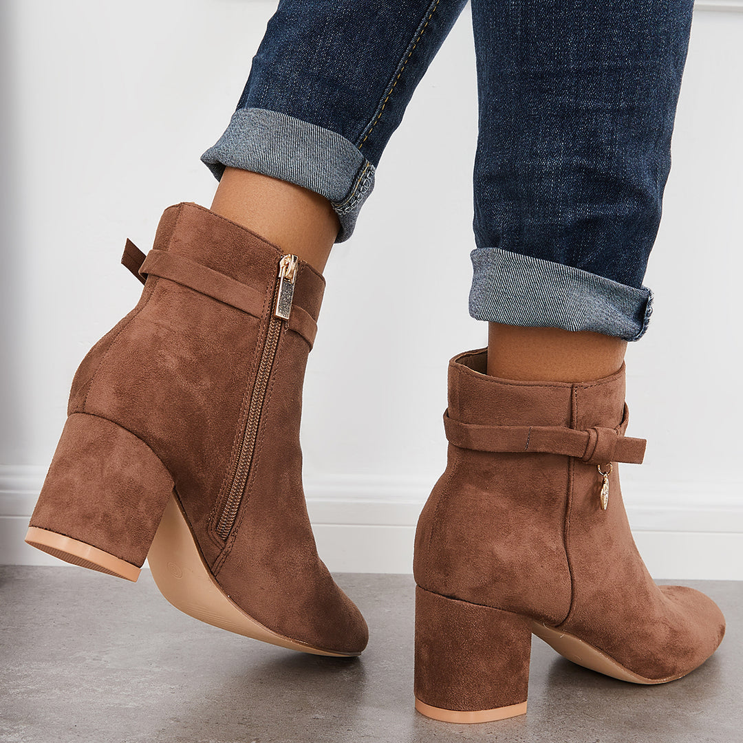 Round Toe Ankle Boots Chunky Block Heels Side Zipper Dress Booties