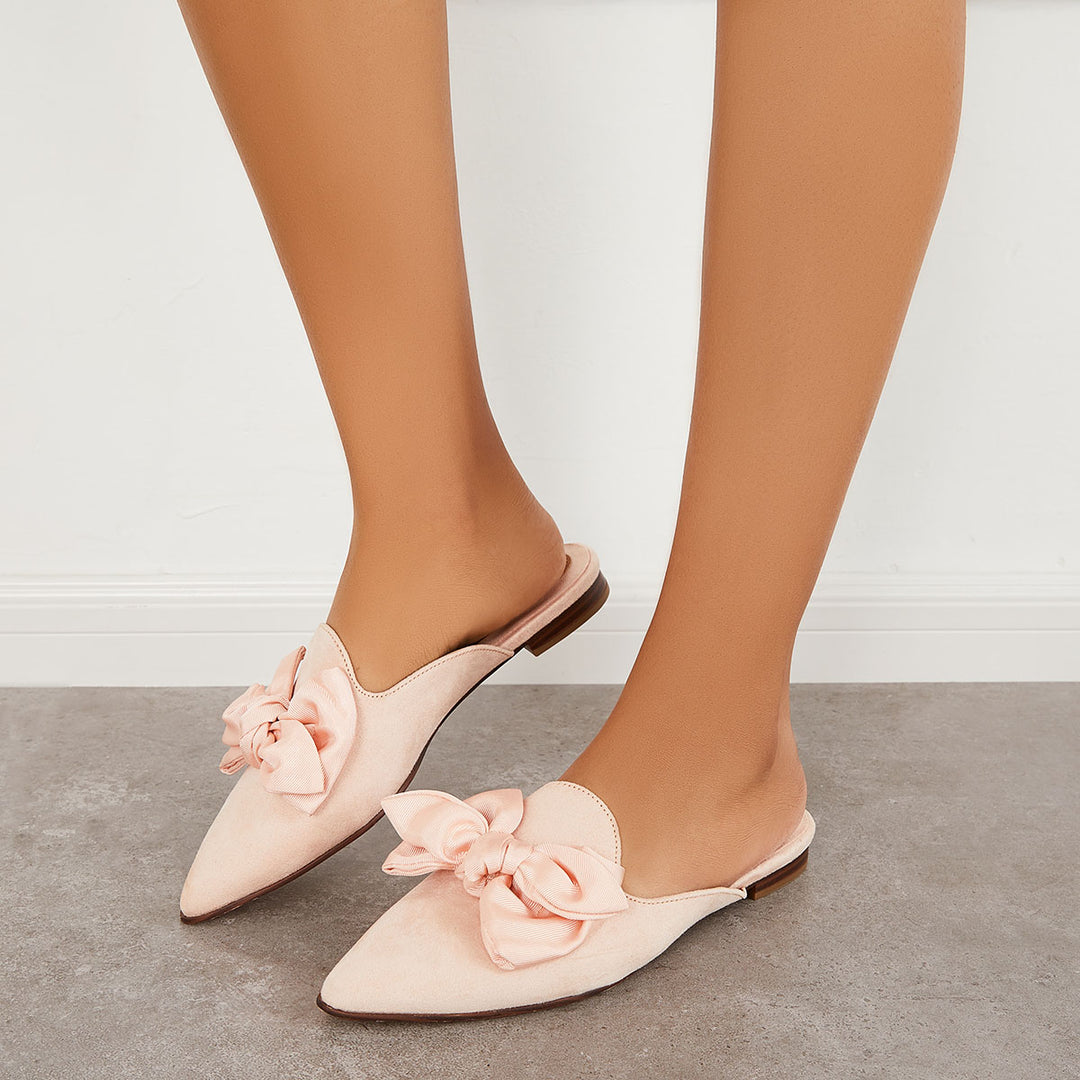 Bowtie Flat Mules Pointed Toe Slip on Backless Loafers