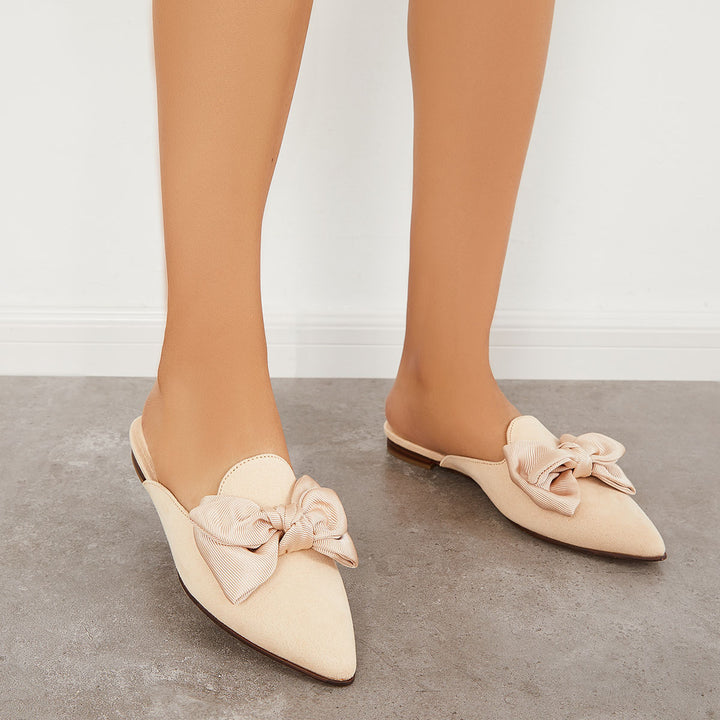 Bowtie Flat Mules Pointed Toe Slip on Backless Loafers