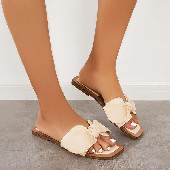 Bowknot Square Open Toe Slides Slip on Flat Sandals