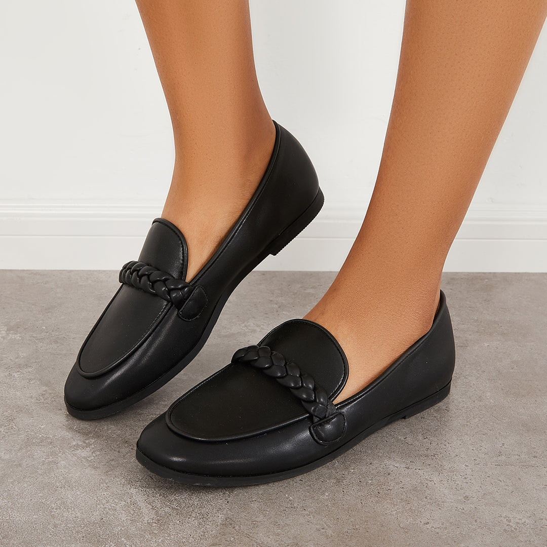 Round Toe Braided Strap Loafers Slip on Walking Flats