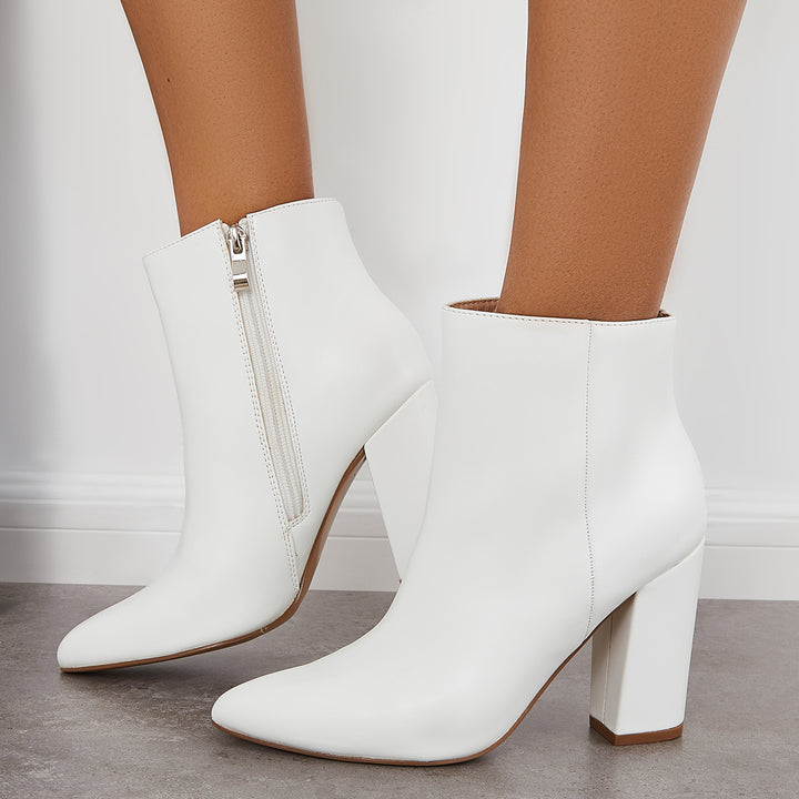 Pointed Toe Chunky High Heel Booties Side Zipper Ankle Boots