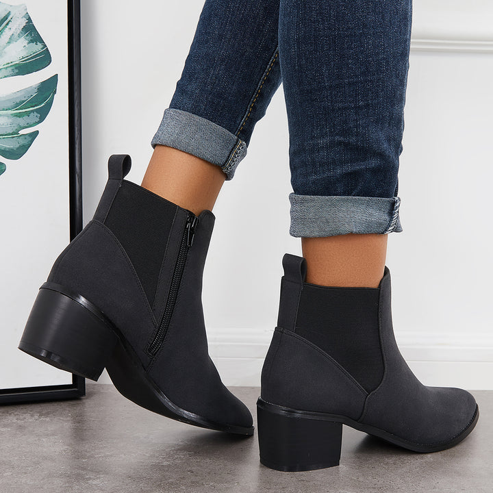 Pointed Toe Ankle Boots Chunky Heel Side Zipper Elastic Chelsea Booties