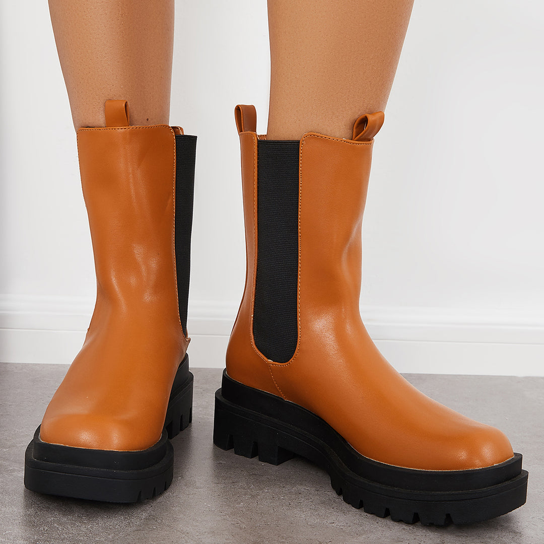 Women Chunky Platform Chelsea Boots Lug Sole Mid Calf Booties