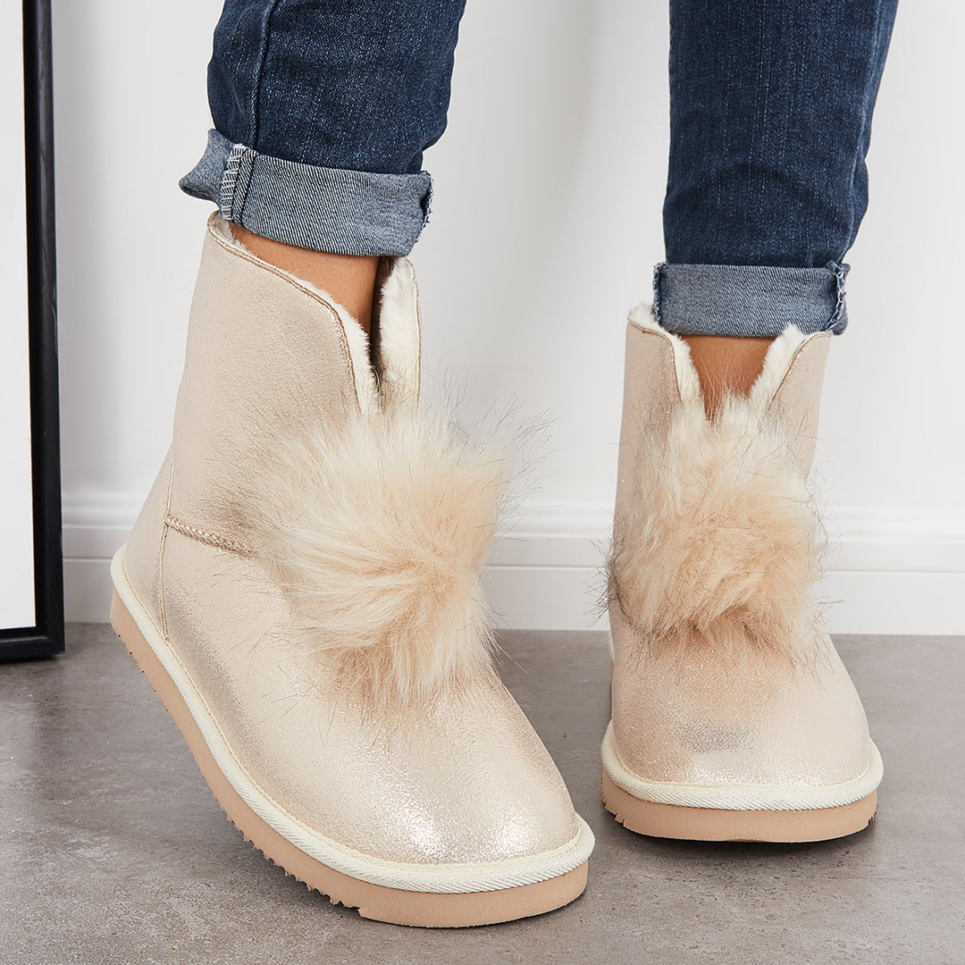 Women Suede Snow Boots Warm Faux Fur Pompom Winter Booties