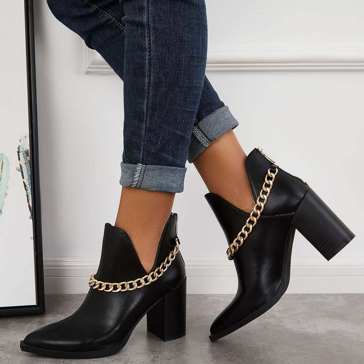 Black Cut Out Ankle Cowboy Boots Chunky Heel Western Booties