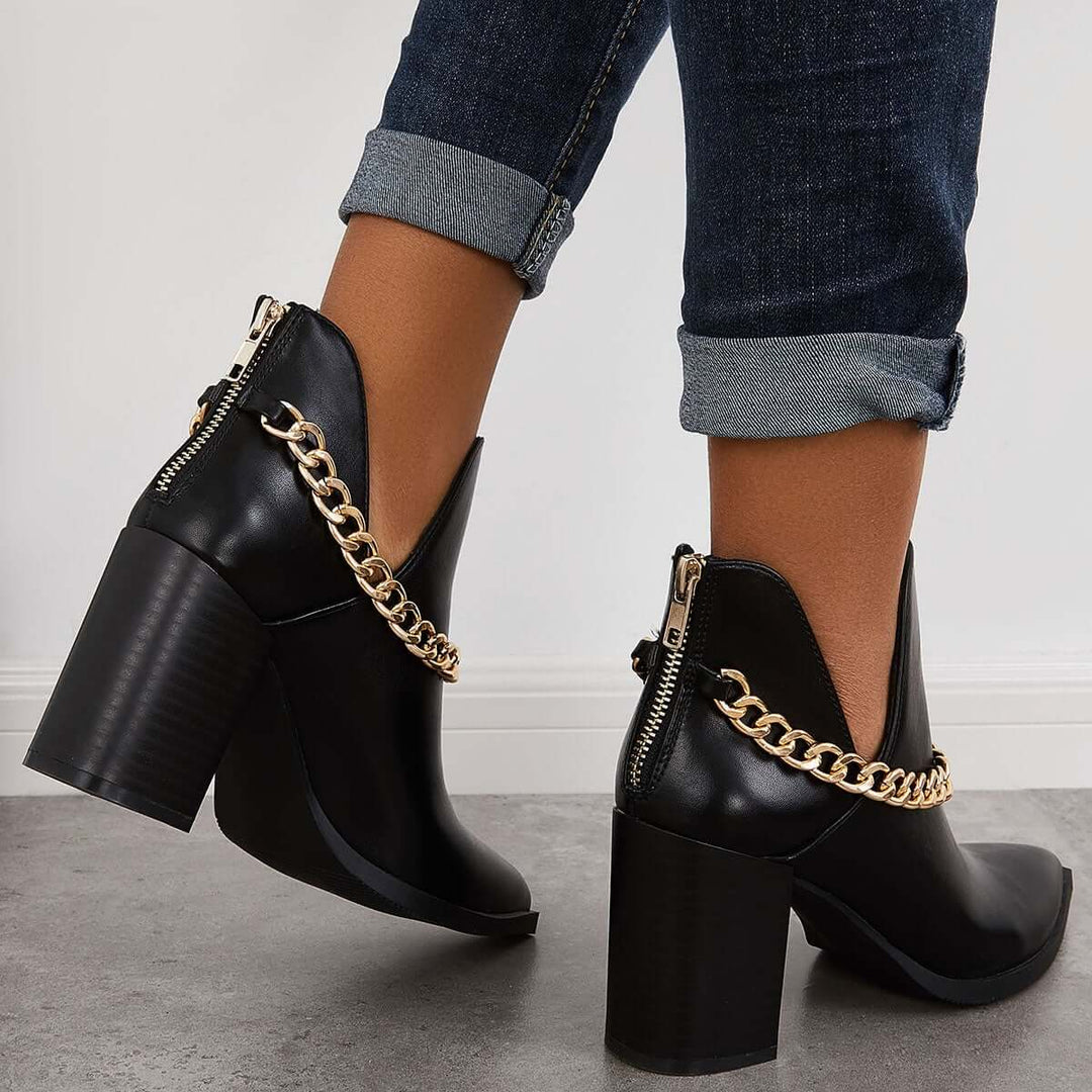 Black Cut Out Ankle Cowboy Boots Chunky Heel Western Booties