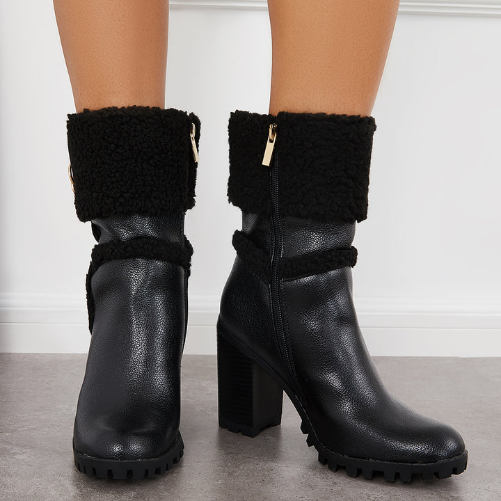 Fur Lined Ankle Snow Boots Side Zipper Chunky Heel Booties