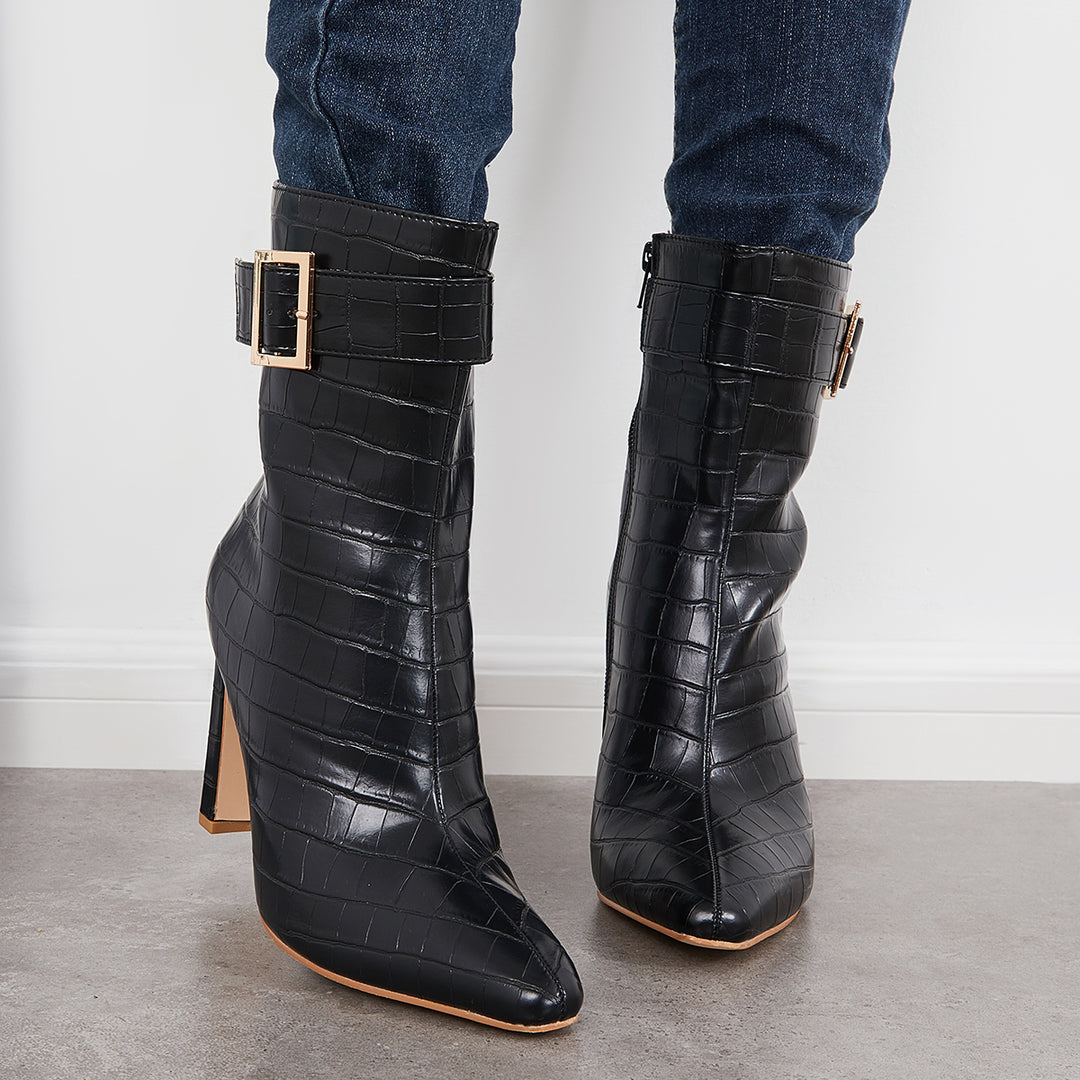 Buckle Chunky High Heel Booties Pointed Toe Ankle Boots