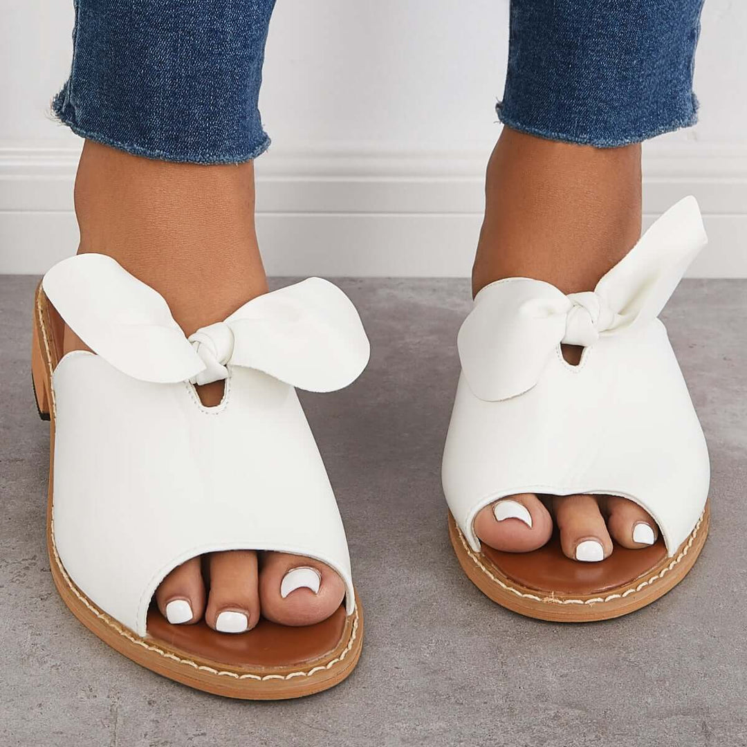 Womens Fashion Peep Toe Low Heel Bow Slippers