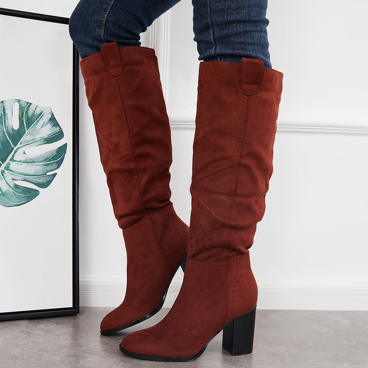 Pointed Toe Knee High Tall Boots Chunky Stacked Heel Riding Boots