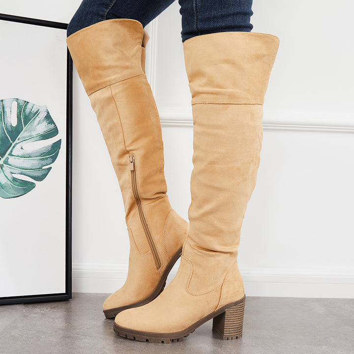 Stretch Over The Knee Thigh High Boots Platform Chunky Heel Boots