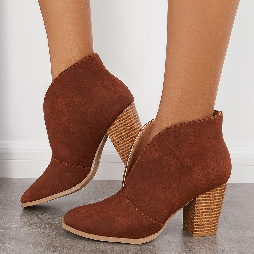 Women Cut Out Ankle Boot Front-V Chunky Stacked Heel Booties