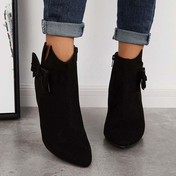Pointed Toe Bow Stiletto Ankle Boots High Heel Dress Booties