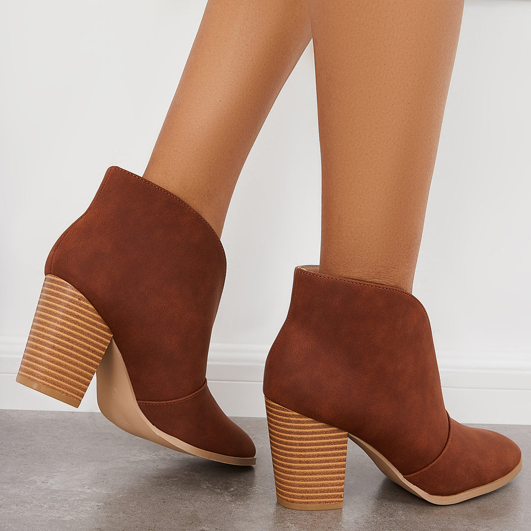 Women Cut Out Ankle Boot Front-V Chunky Stacked Heel Booties
