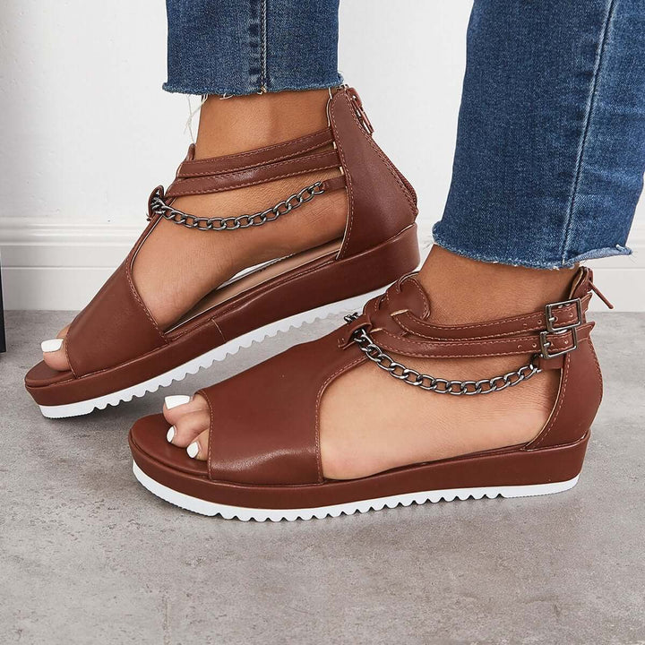 T-Strap Platform Wedge Heel Sandals Ankle Strap Shoes