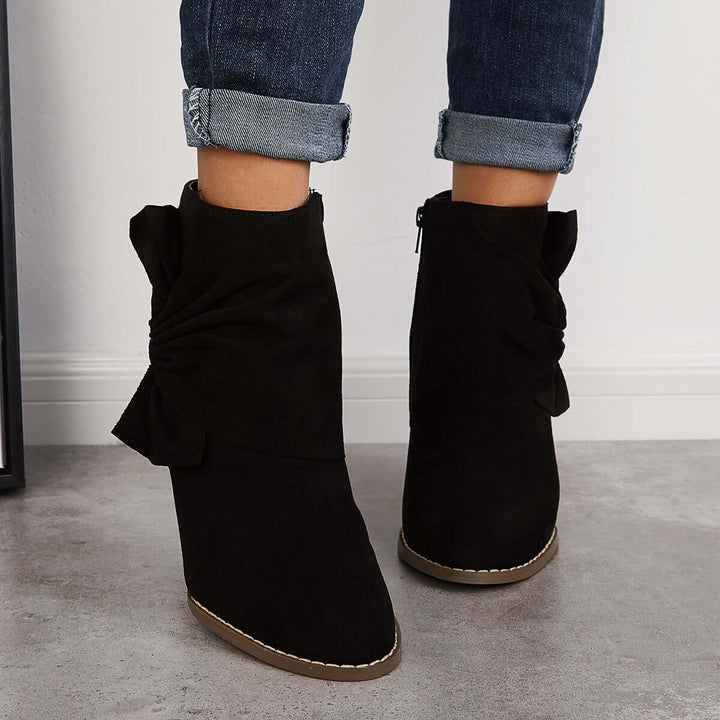 Side Zip Wedge Ankle Boots Twist Knot Stacked High Heel Booties