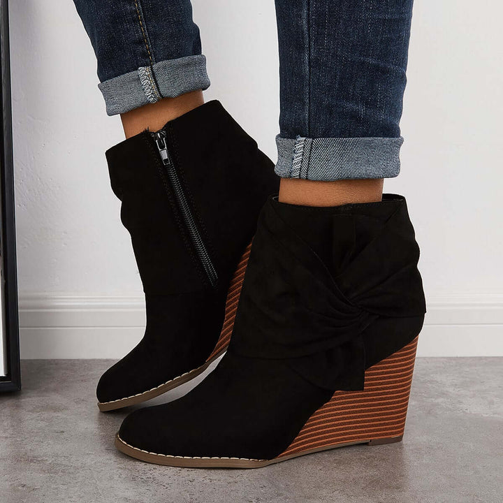 Side Zip Wedge Ankle Boots Twist Knot Stacked High Heel Booties