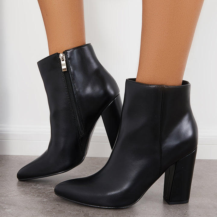 Pointed Toe Chunky High Heel Booties Side Zipper Ankle Boots