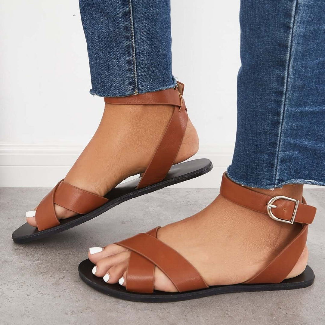 Open Toe Cross Strap Classic Leather Sandals