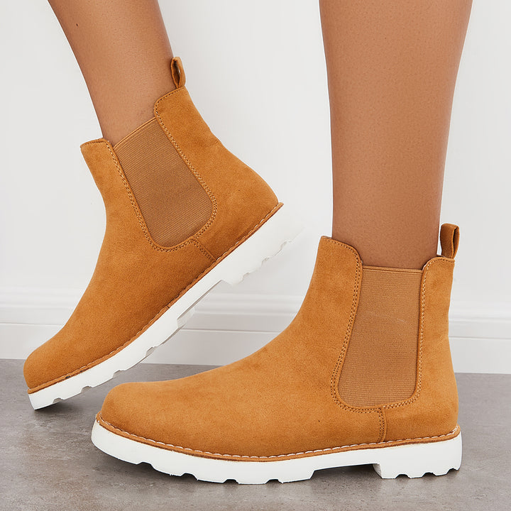 Womens Chelsea Boots Slip on Chunky Block Heel Ankle Booties