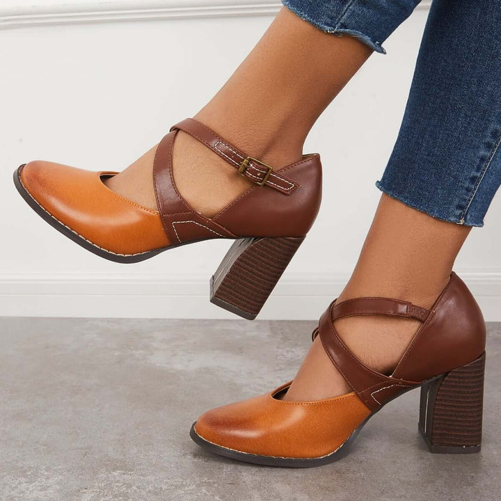 Vintage Color Block Chunky Mid Heels Shoes