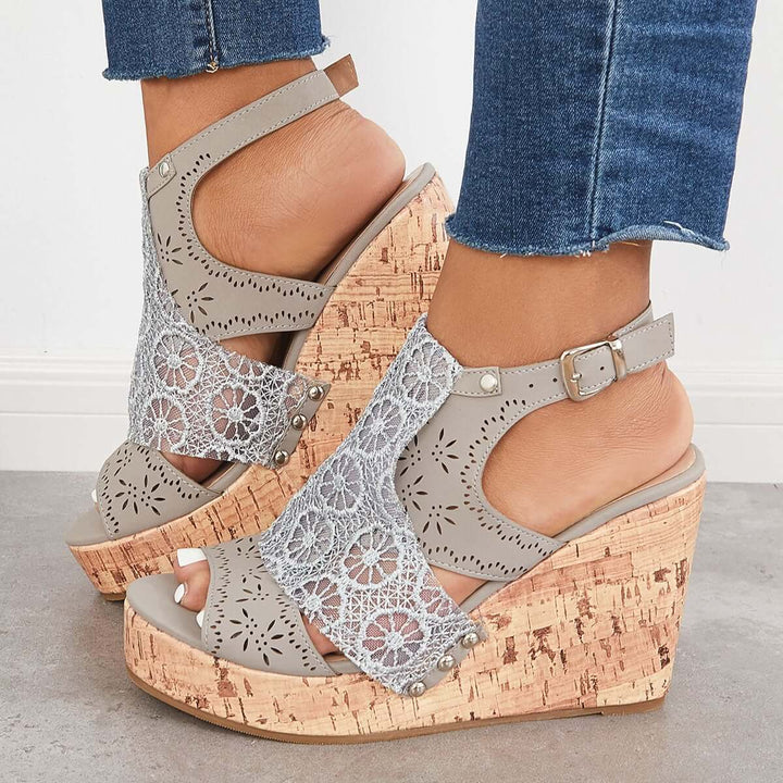 Open Toe Lace Platform Cork Wedges High Heel Sandals
