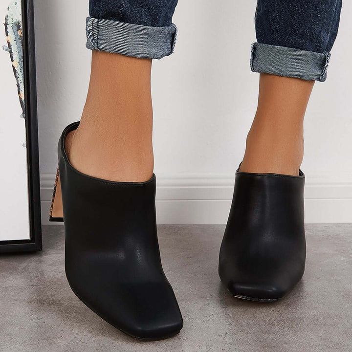 Square Toe Slippers Slip on Chunky Block High Heel Mule Boots