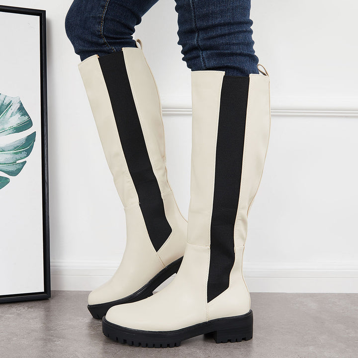 Platform Chunky Sole Knee High Chelsea Boots Pull on Riding Boots