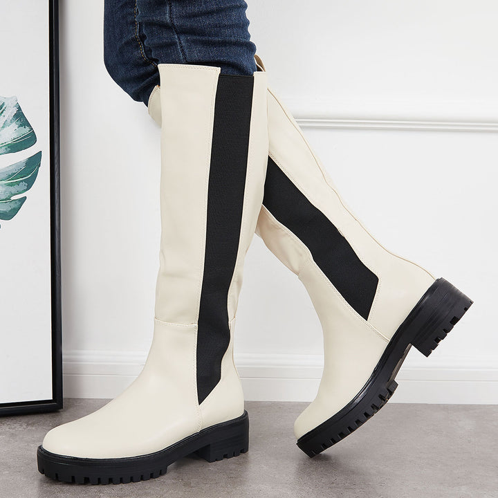 Platform Chunky Sole Knee High Chelsea Boots Pull on Riding Boots