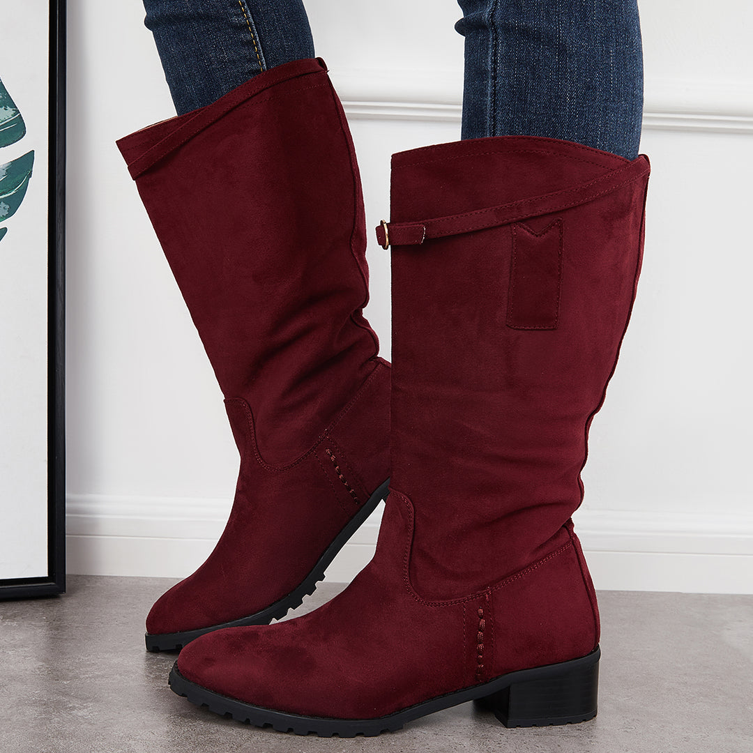 Wide Calf Lug Sole Riding Boots Low Heel Mid Knee High Booties