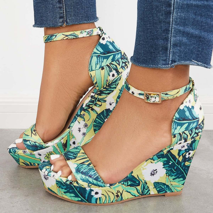 Printed Floral Style Platform Wedges Ankle Strap Sandals