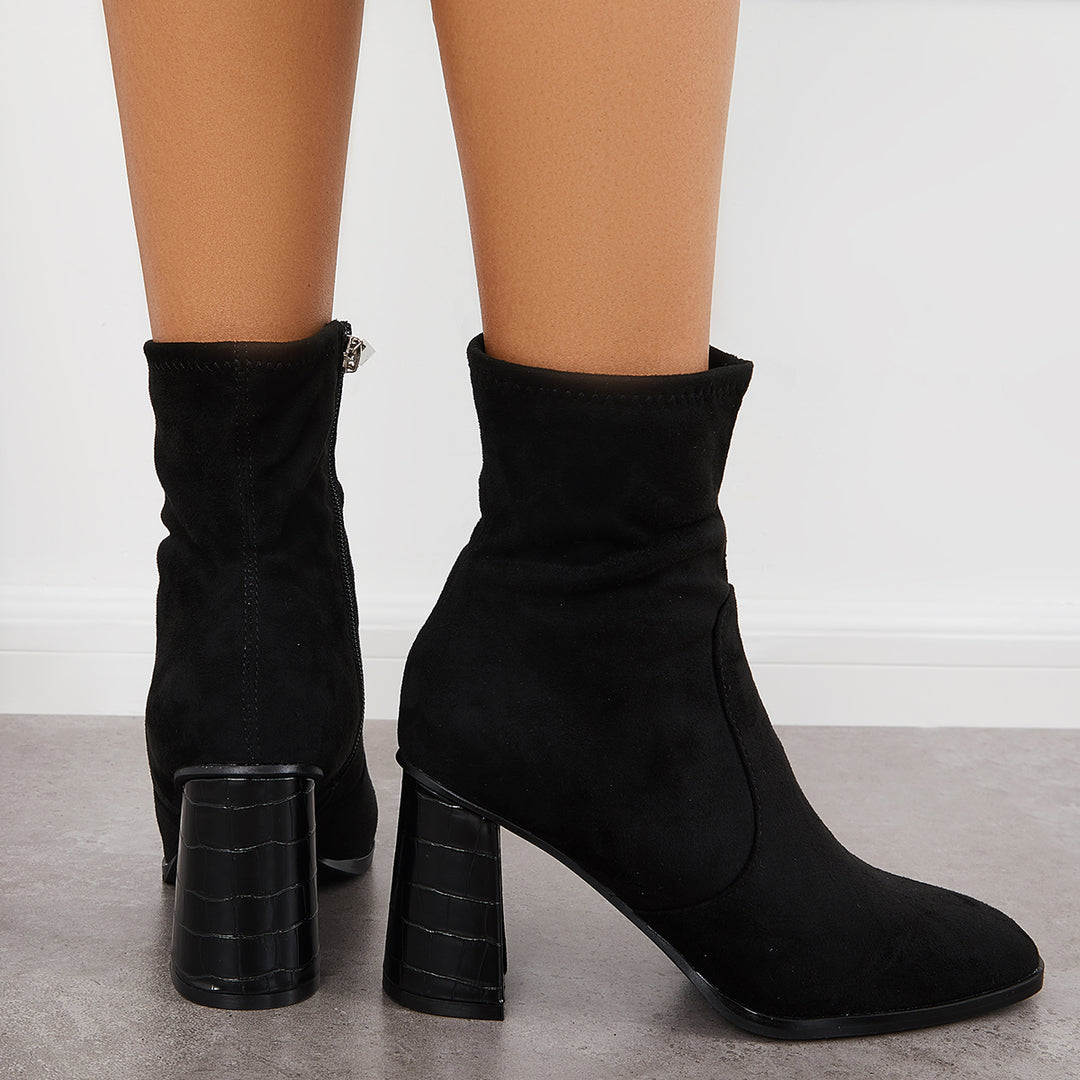 Square Toe Ankle Boots Side Zipper Chunky Block Heel Booties