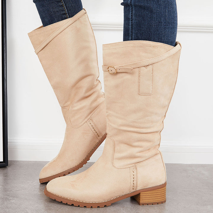 Wide Calf Lug Sole Riding Boots Low Heel Mid Knee High Booties