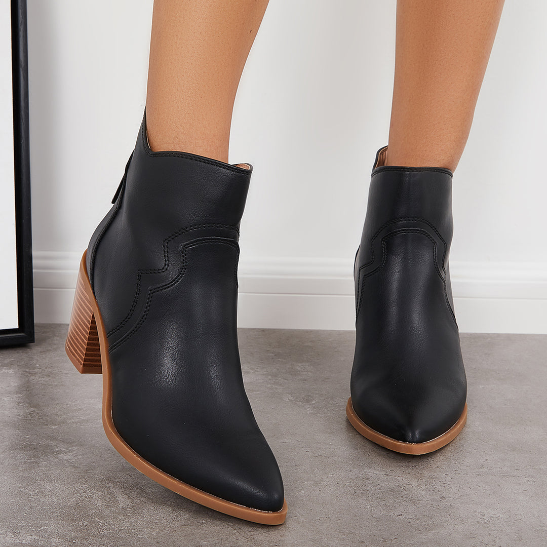 Pointed Toe Western Booties Back Zipper Chunky Heel Ankle Boots