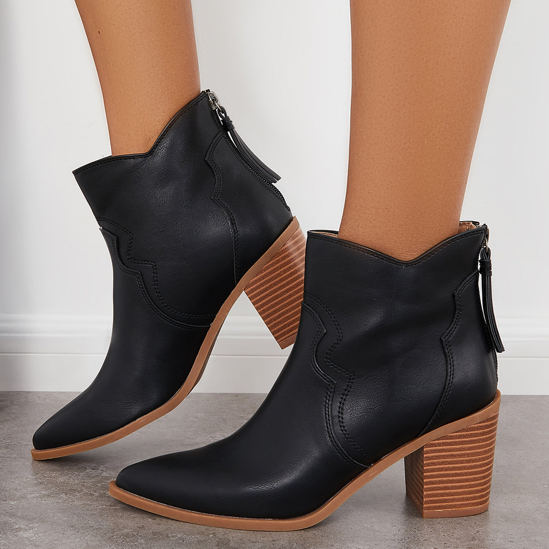 Pointed Toe Western Booties Back Zipper Chunky Heel Ankle Boots
