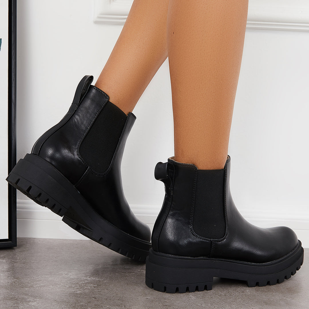 Round Toe Platform Chunky Sole Chelsea Boots Slip on Booties