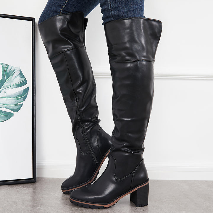 Stretch Over The Knee Thigh High Boots Platform Chunky Heel Boots