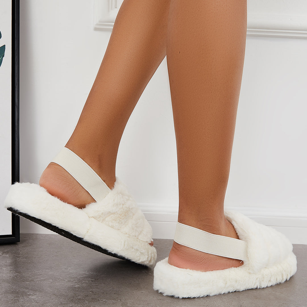 Fuzzy Fur Slippers Fluffy Elastic Back Straps Slide Shoes