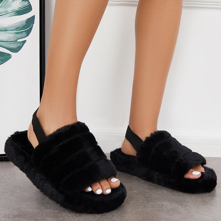 Fuzzy Fur Slippers Fluffy Elastic Back Straps Slide Shoes