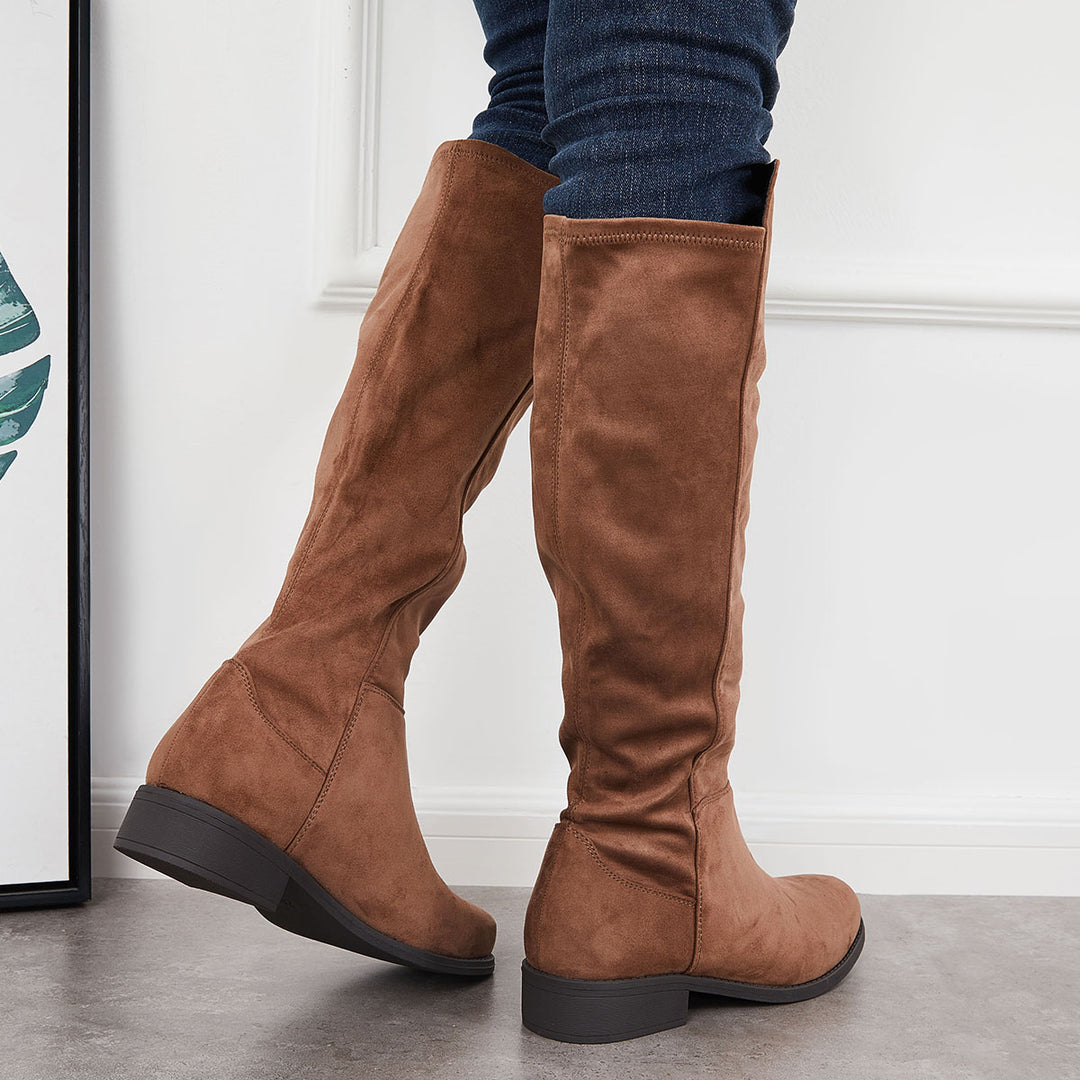 Round Toe Knee High Stretchy Tall Boots Block Low Heel Riding Boots