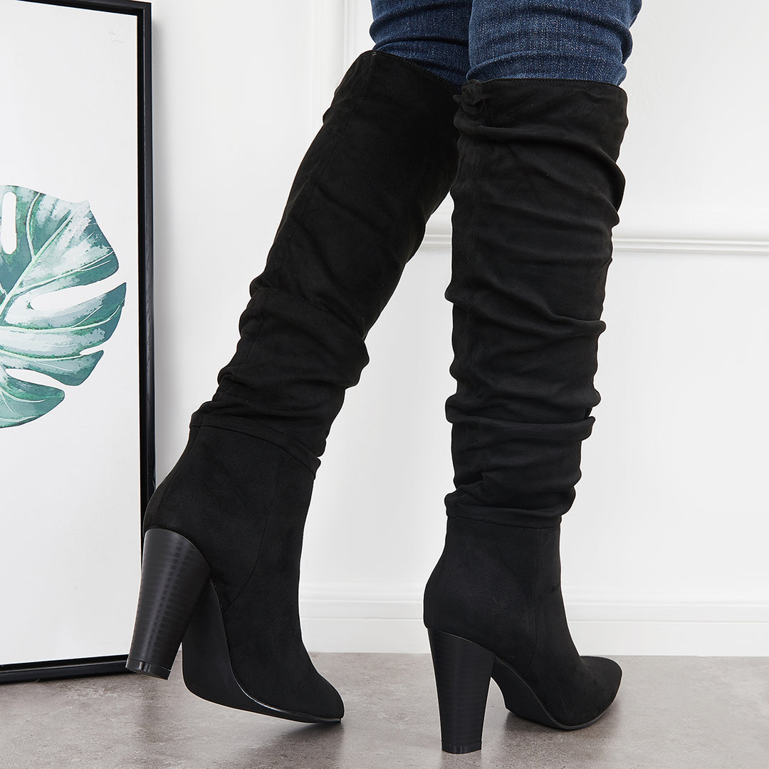 Slouch Knee High Boots Wide Calf Chunky Stack Heel Booties